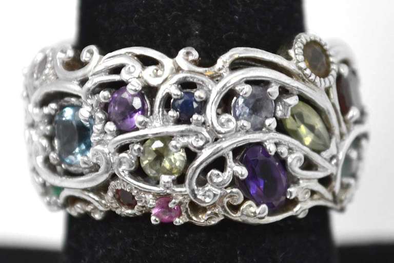 Multiple Various Colored Gemstone Encrusted Ornate Sterling Silver Ring.