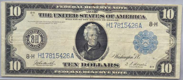 $10 Agriculture & Industry Series 1914 FRN PMG VF 25