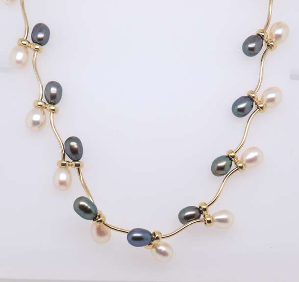 Favorite Black and White Pearl Swirl Yellow Gold Necklace