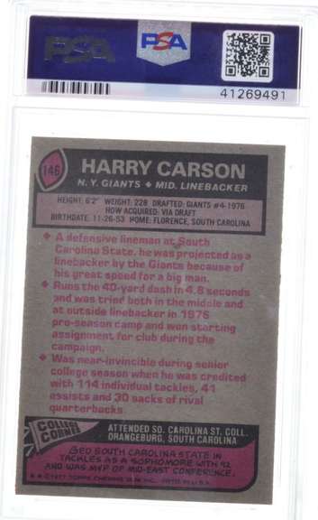 1977 Topps #146 Harry Carson - PSA MINT 9 - New York Giants