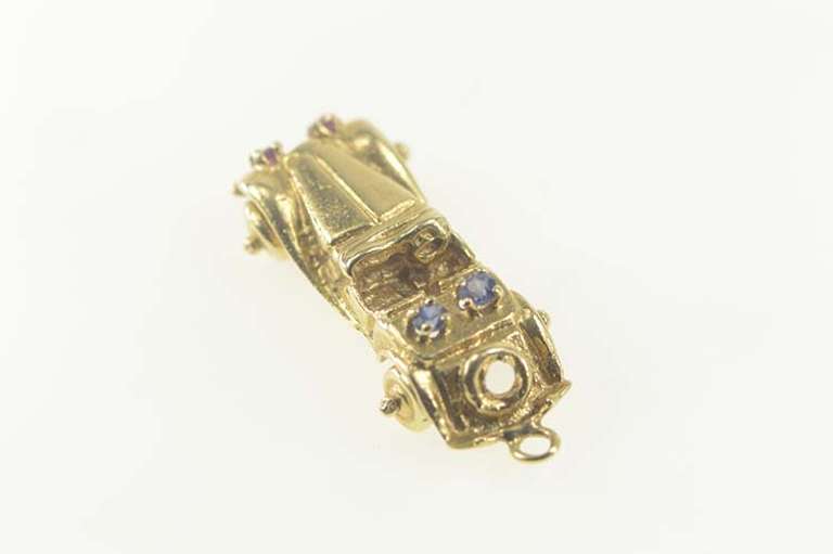 14K Yellow Gold 3D Articulated Syn. Sapphire Car Hot Rod Charm/Pendant