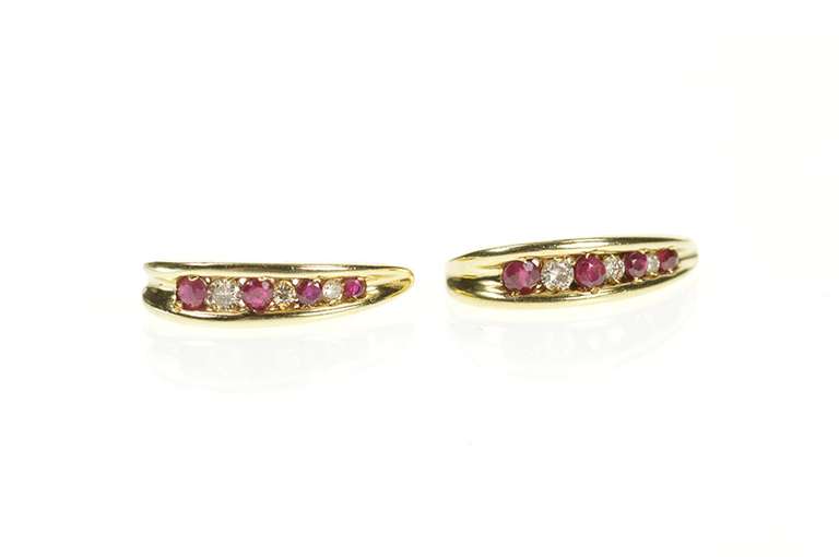 10K Yellow Gold Channel Graduated Ruby Diamond Semi Hoop Earrings