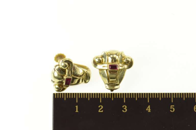 14K Yellow Gold 1930's Syn. Ruby Ornate Scroll Screw Back Earrings