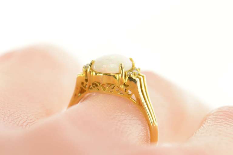 14K Yellow Gold Natural Opal Diamond Classic Engagement Ring