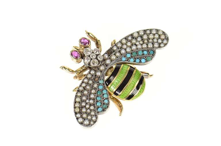 14K Yellow Gold Victorian Diamond Enamel Seed Pearl Fly Pin/Brooch