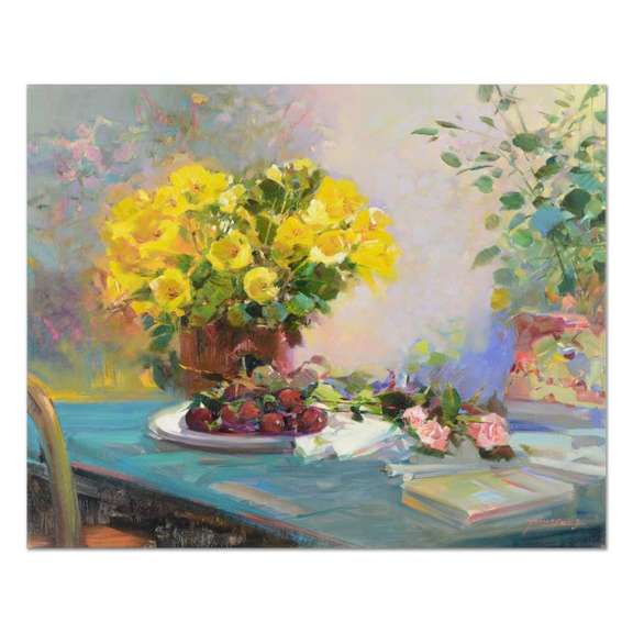 Ming Feng, "Buttercups and Plums" Original Oil Painting on Canvas, Hand Signed with Letter of Authenticity.