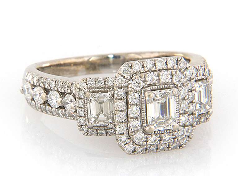 Eyecatching White Gold Emerald Cut Diamond Three Stone Double Frame Engagement Ring