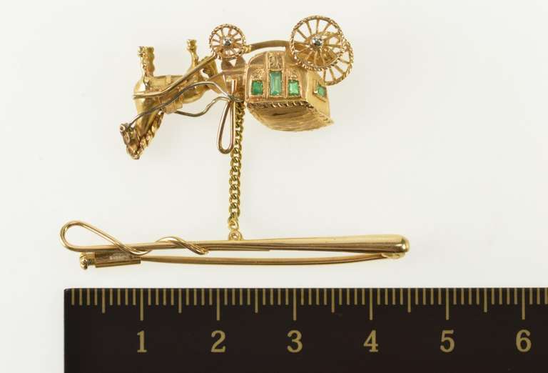 18K Yellow Gold Victorian Emerald Horse Drawn Carriage Bar Pin/Brooch