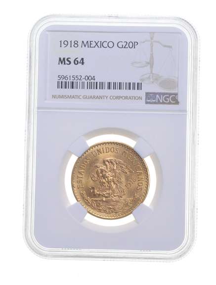 MS64 1918 Mexico 20 Pesos Gold - Graded NGC