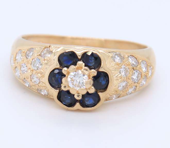 Fantastic Yellow Gold Flower Style Sapphire and Diamond Ring
