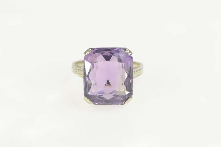 14K White Gold Art Deco Emerald Cut Syn. Amethyst Cocktail Ring