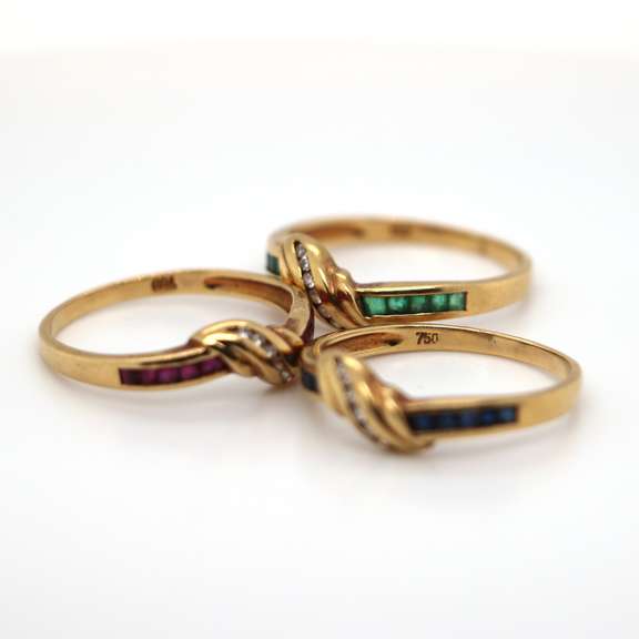18K 3 Gold Rings with Diamonds, Emeralds, Rubies, and Topaz