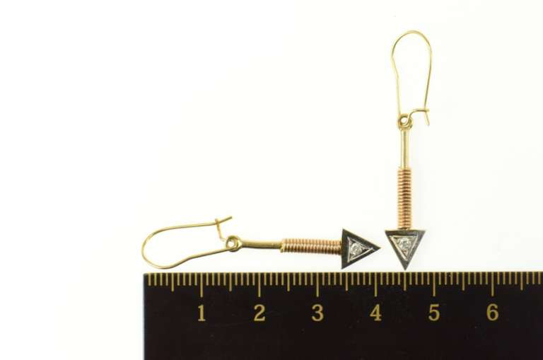 14K Yellow Gold Two Tone Diamond Arrow Ornate Dangle Earrings
