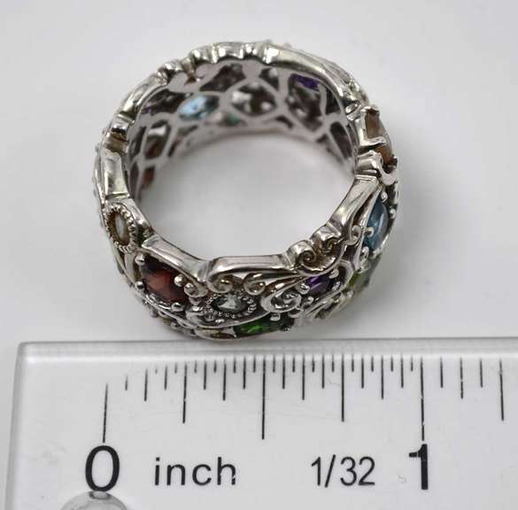 Multiple Various Colored Gemstone Encrusted Ornate Sterling Silver Ring.