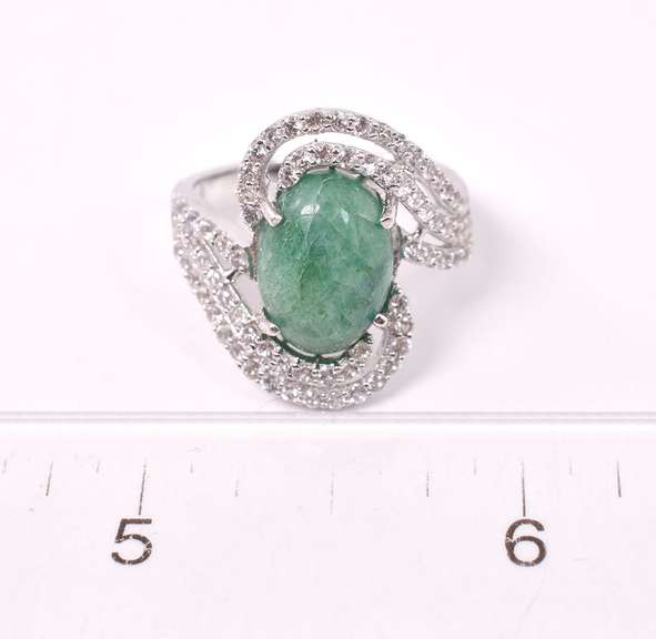 Mesmerizing 5.42CTS Cabochon-Cut Natural Emerald & 1.31CTW White Sapphire Ring in Sterling Silver