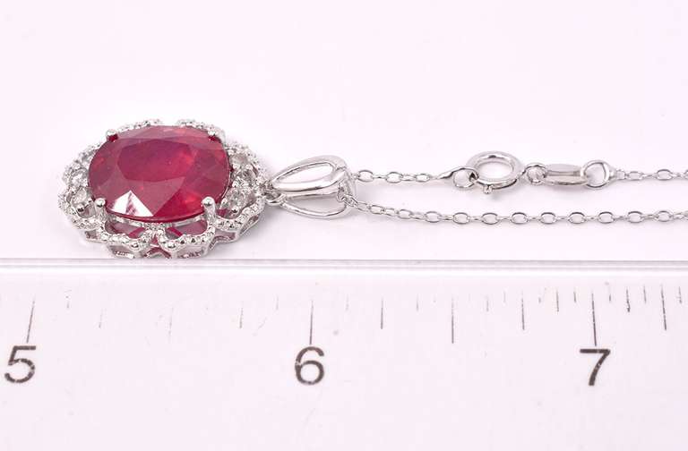 Stunning 7.55CTS Natural Oval Cut Ruby & 0.27CTW Diamond Pendant Necklace in Sterling Silver