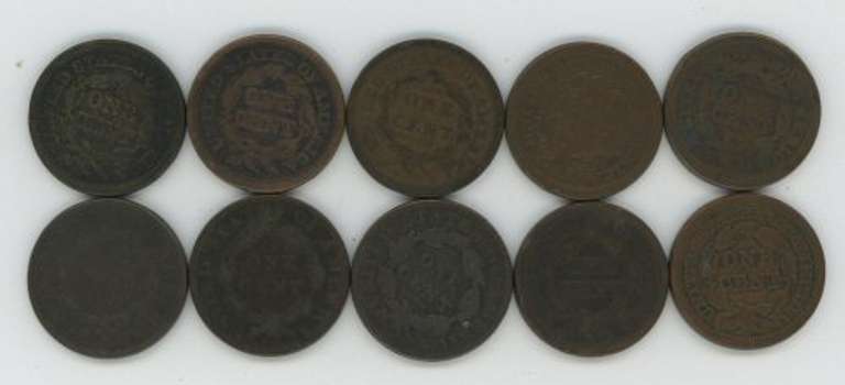 10 Assorted Old US Large Cents 1819 to 1855. Circs