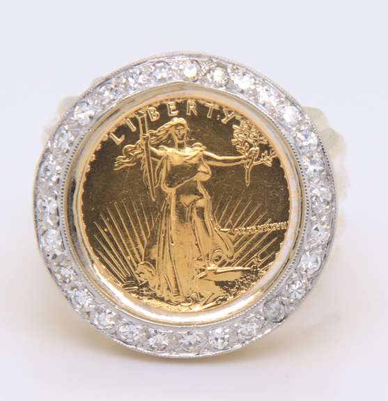 Yellow Gold Diamond Coin Ring with a Ridged Tapered Shank