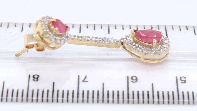 Stunning Yellow Gold Pear Ruby & Diamond Halo Dangle Earrings