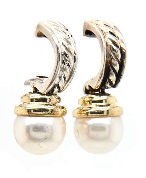 David Yurman Cultured Pearl Two Tone Drop Earrings