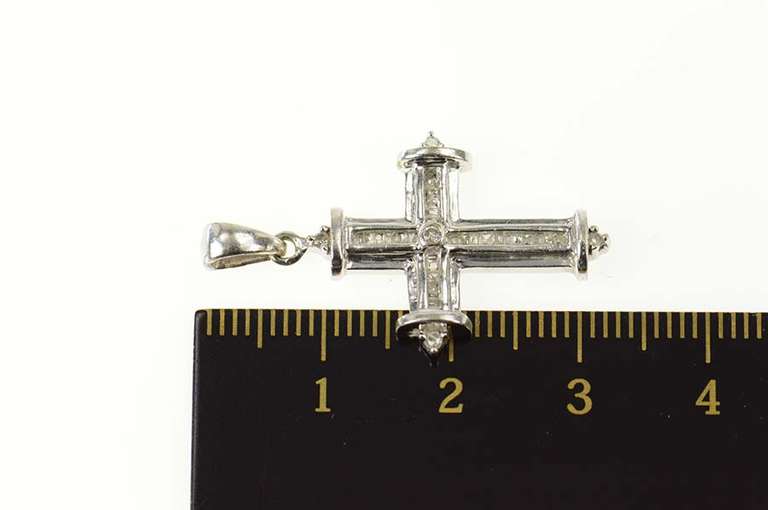 10K White Gold Baguette & Round Diamond Cross Christian Pendant