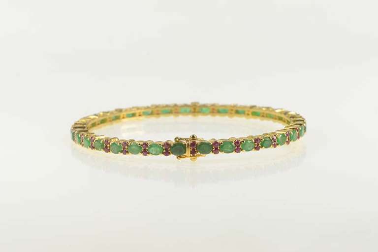 18K Yellow Gold 5.92 Ctw Nat. Ruby Emerald Encrusted Bangle Bracelet