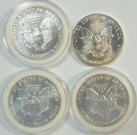 Run of 4 better $1 American Silver Eagle coins in Gem BU