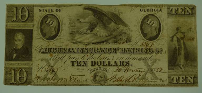 1852 $10 Augusta Insurance & Banking Co. Georgia Note