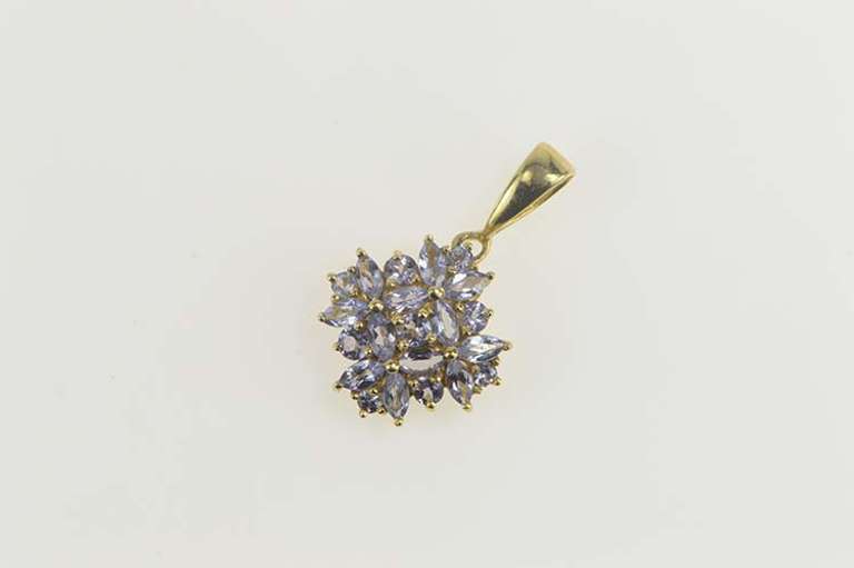 14K Yellow Gold Squared Tanzanite Floral Cluster Statement Pendant