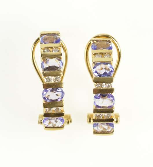 14K Yellow Gold Oval Tanzanite Diamond Inset Semi Hoop Earrings