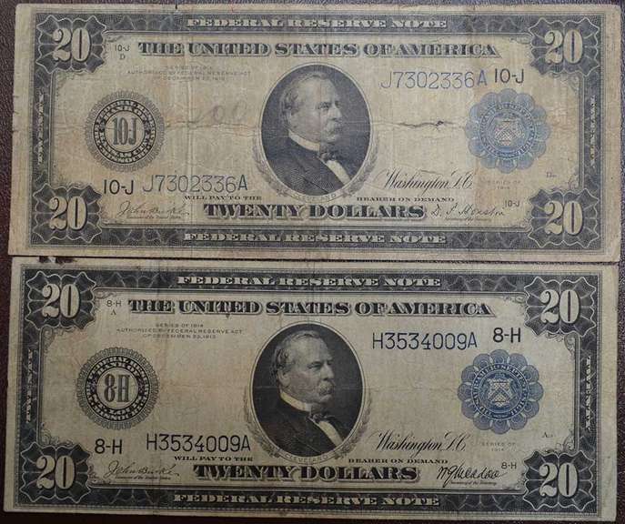 Lot Of 2 $20 Large Size Federal Reserve Notes, Circulated. FR.992, FR.1002