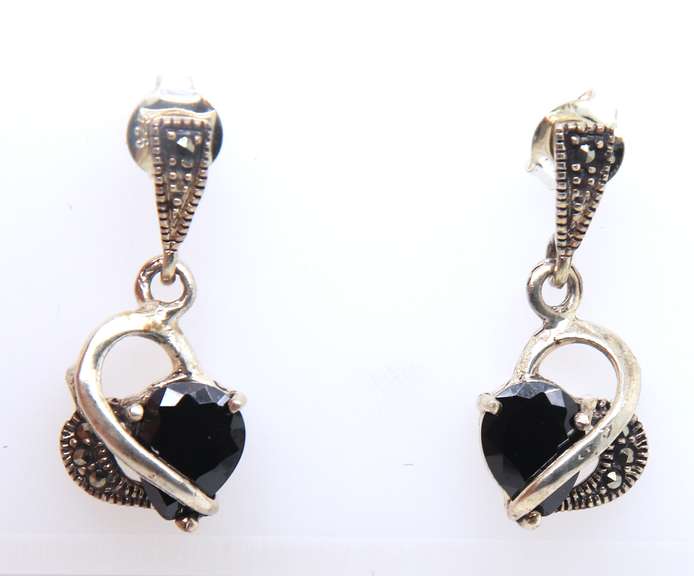 Vintage Sterling Silver Black Onyx Dangle Earrings
