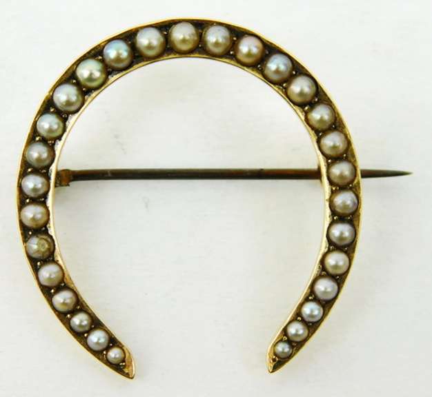 Antique 14K Seed Pearl Horseshoe Brooch