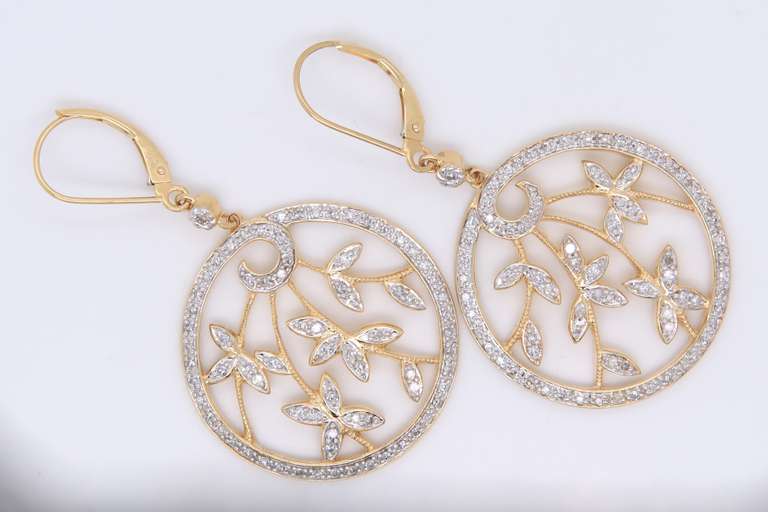 Stunning Yellow Gold Leverback Diamond Flower Earrings