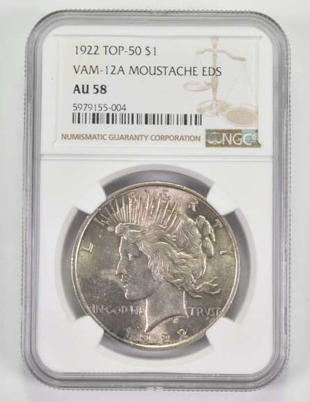 AU58 1922 Peace Silver Dollar Top-50 VAM-12A Moustache EDS Graded NGC