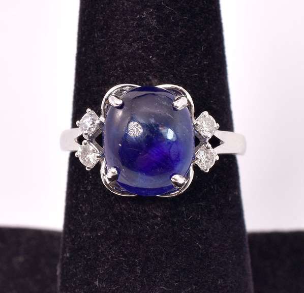 Beautiful 7.15CTS Cabochon-Cut Star Sapphire & 0.21CTW Diamond Ring in Sterling Silver