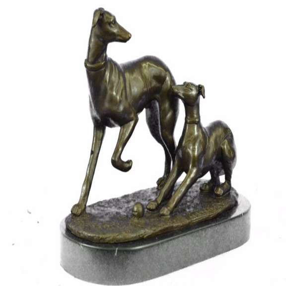 Two Greyhounds Playing Bronze Statue