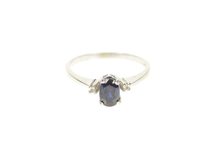 10K White Gold Oval Sapphire Diamond Accent Engagement Ring