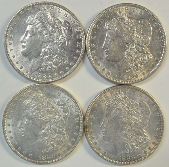 4 diff. flashy-white AU/BU 'P' Mint Morgan Silver Dollars