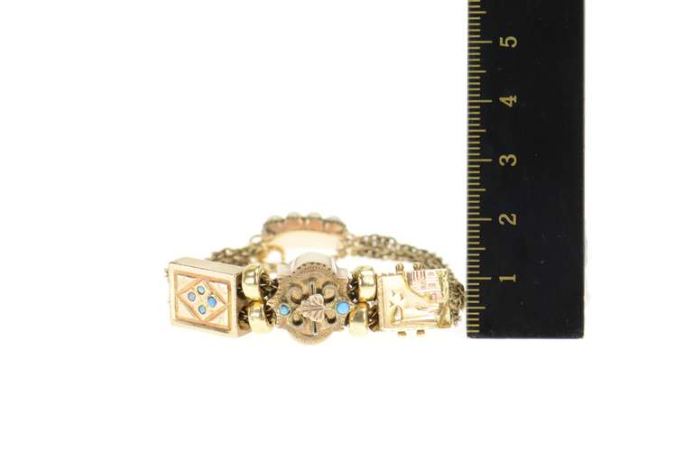 14K Yellow Gold Victorian Turquoise Etched Slide Charm Bracelet