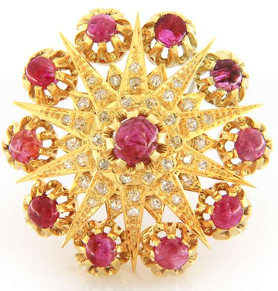 Incredible 18kt Ruby and Diamond Starburst Brooch