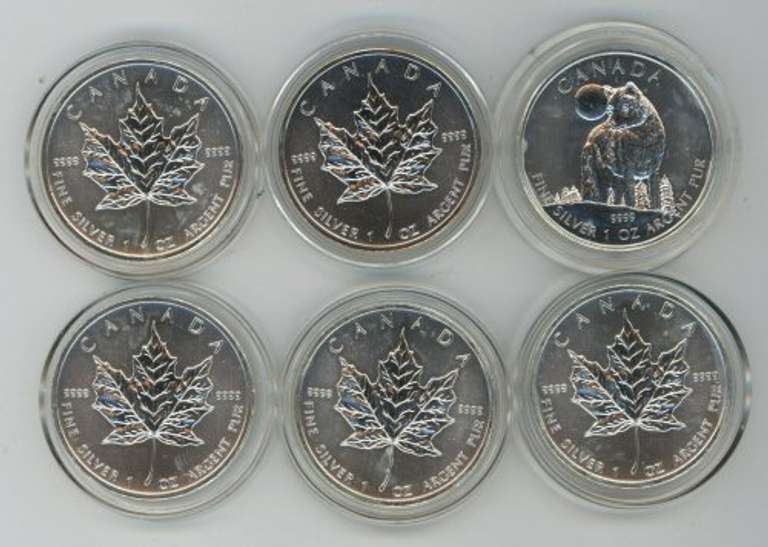 6 Gem BU 2011 Canada 1oz pure .9999 Silver Maple Leafs. Capsules