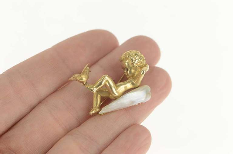 14K Yellow Gold Baroque Pearl Lounging Cherub Dove Pin/Brooch