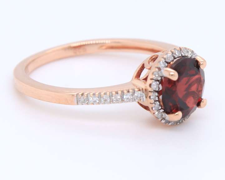 Handsome Rose Gold Garnet and Diamond Halo Ring