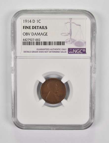 Fine Detail 1914-D Lincoln Wheat Cent OBV Damage NGC Groove Around Rim