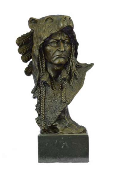 Native American Chief in Bear Headdress Bronze Sculpture