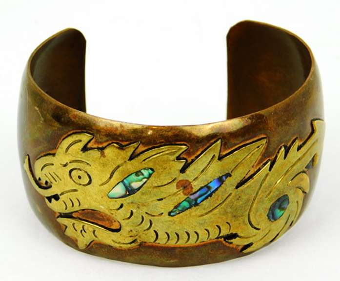 Early Mexico Mixed Metals & Shell Dragon Cuff