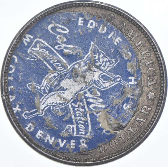 1921 Morgan Silver Dollar - Eddie Bohn's Pig N' Whistle Stickered Back