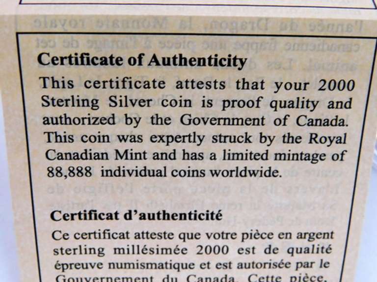 $15 Canada .925 Lunar Coin with COA