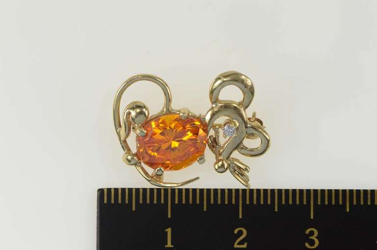 14K Yellow Gold Oval Syn. Mexican Fire Opal Diamond Mouse Pin/Brooch